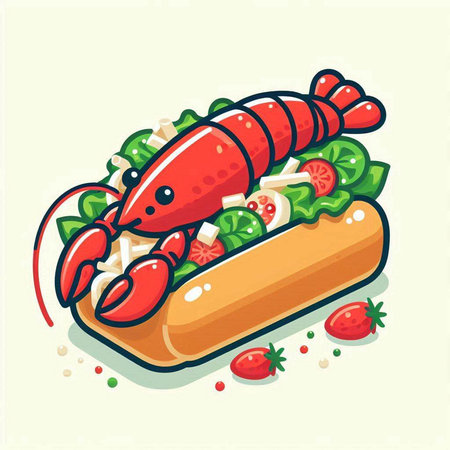 Lobster sandwich with salad and tomato. Vector illustration of fast food.のイラスト素材