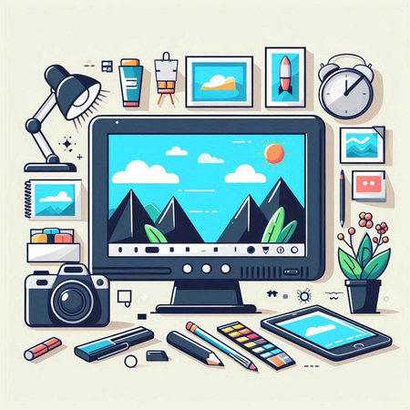Vector illustration of a modern flat design desktop computer with a view of the mountains, sun, clouds, photo frames and other objects.のイラスト素材