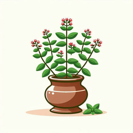 Ceramic pot with green leaves and red flowers. Vector illustration.のイラスト素材