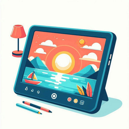 Vector illustration of a tablet with a sea view on the screen.のイラスト素材