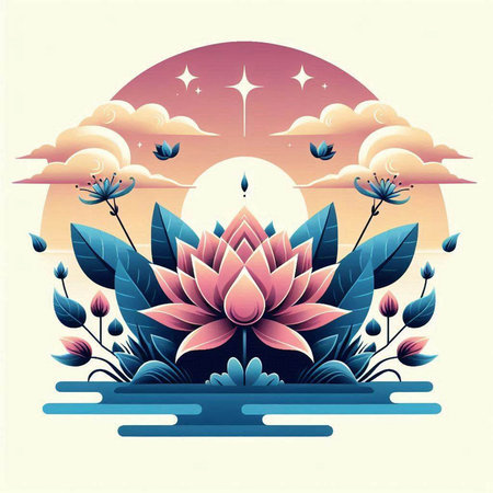 Lotus flower in the pond with clouds and sky. Vector illustration.のイラスト素材