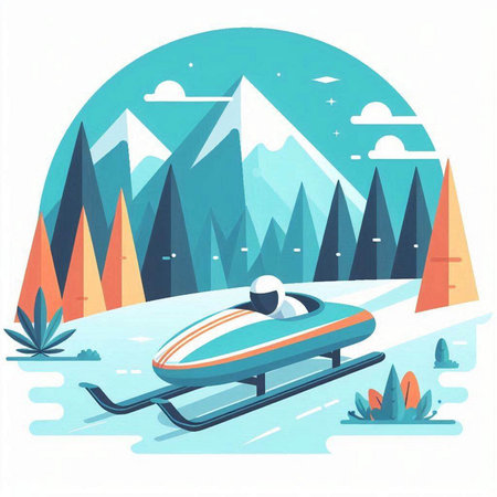 Snowmobile in the winter forest. Vector illustration in flat style.のイラスト素材