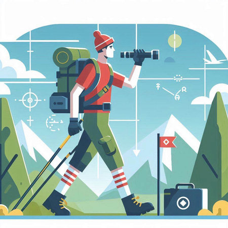 Hiking vector illustration in flat style. Man with trekking poles and binocularsのイラスト素材