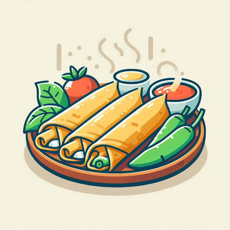 Fried spring rolls with vegetables and sauce on wooden plate. Vector illustration.のイラスト素材