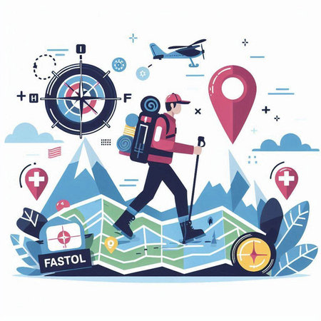 Tourist with a map. Vector illustration in flat design style.のイラスト素材