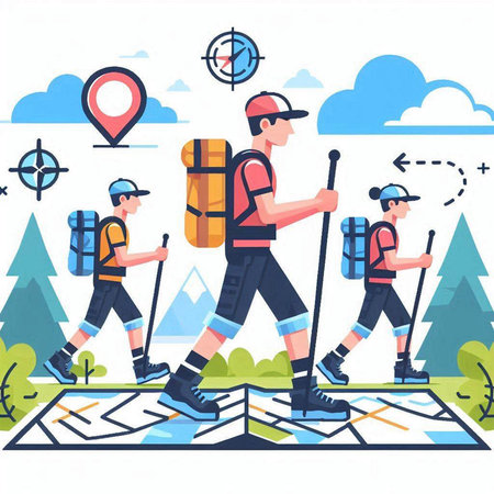 Tourist with backpack and trekking poles walking on the map. Vector illustrationのイラスト素材