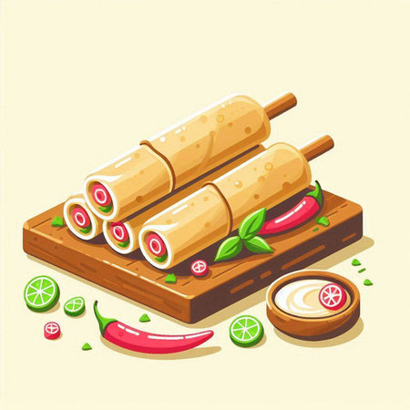 Vector illustration of rolls with vegetables, herbs and sauce on wooden boardのイラスト素材