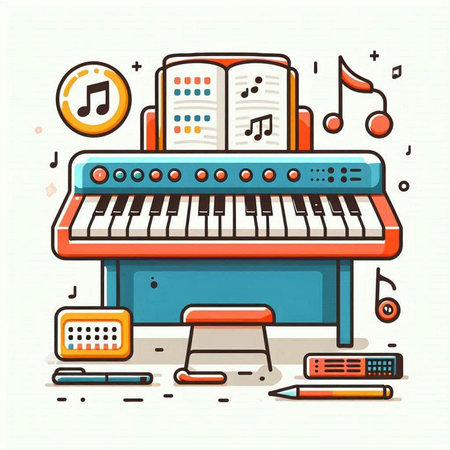 Piano and musical instruments. Vector illustration in line art style.のイラスト素材