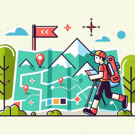Vector illustration of tourist with backpack and map on the background of mountains.のイラスト素材