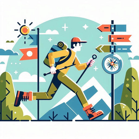 Hiking vector illustration. Man with backpack and trekking equipment.のイラスト素材