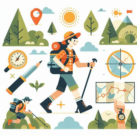 Hiking flat design concept with backpack, compass, map, binoculars, compass and other equipment isolated vector illustrationのイラスト素材