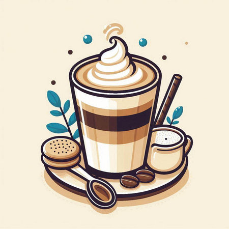Vector illustration of a cup of coffee with whipped cream and sugar.のイラスト素材