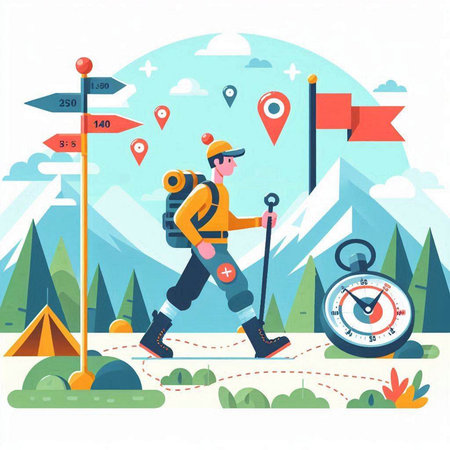 Vector illustration. Man hiking in the mountains with backpack and compass.のイラスト素材