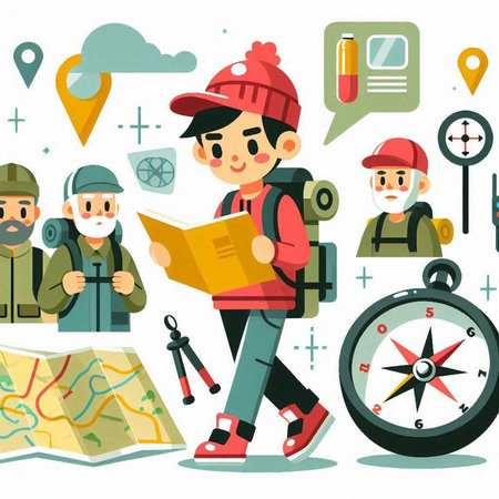 Traveler with map, compass and backpack. Vector illustration in flat styleのイラスト素材