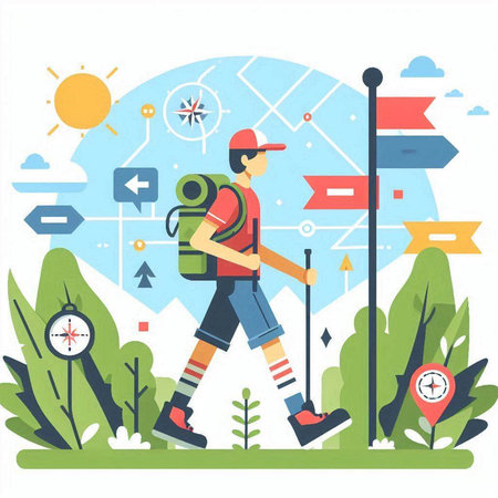 Hiking flat color vector illustration. Tourist man with backpack and compass on background of mountains. Hiking concept.のイラスト素材