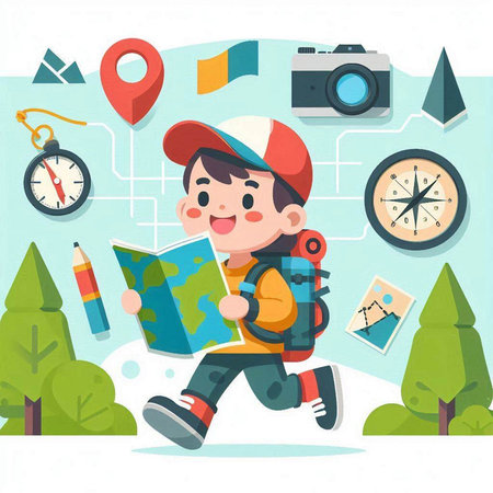 Boy with backpack and map. Vector illustration in flat cartoon style.のイラスト素材