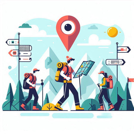Tourist people with backpacks and backpacks walking in the mountains. Vector illustration.のイラスト素材