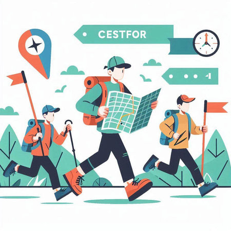 Vector illustration of tourists with backpacks and map walking in the forest.のイラスト素材