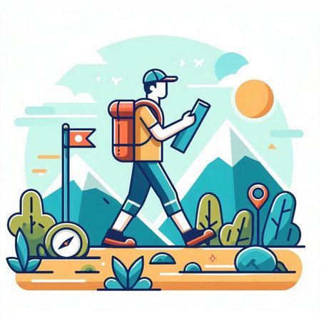 Tourist with a backpack and a map goes to the mountains. Vector illustrationのイラスト素材