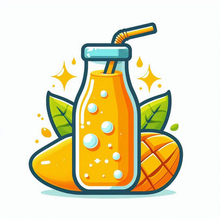 Mango juice in a glass bottle with a straw, vector illustrationのイラスト素材