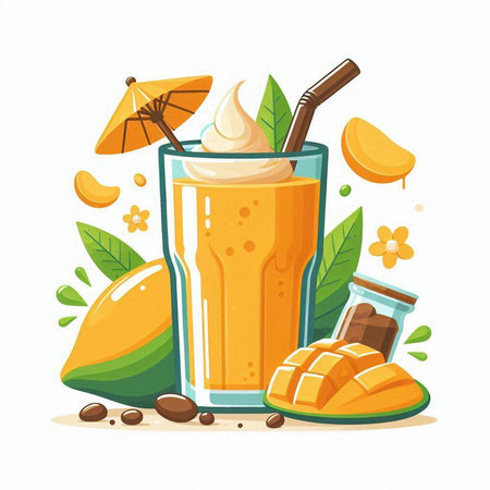 Mango smoothie in a glass and ingredients. Vector illustration.のイラスト素材
