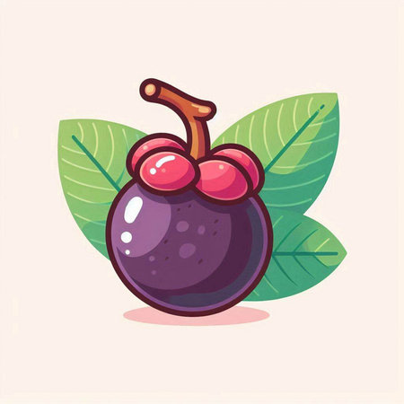 Cute cartoon mangosteen fruit with leaves, vector illustration.のイラスト素材