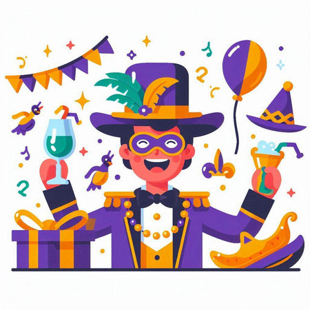 Mardi Gras carnival flat vector illustration. Funny man in carnival costume with mardi gras hat, mask and accessories.のイラスト素材