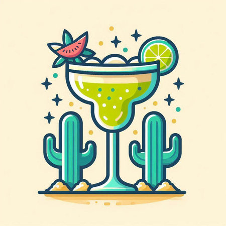 Cocktail with lime and cactus. Vector illustration in flat styleのイラスト素材