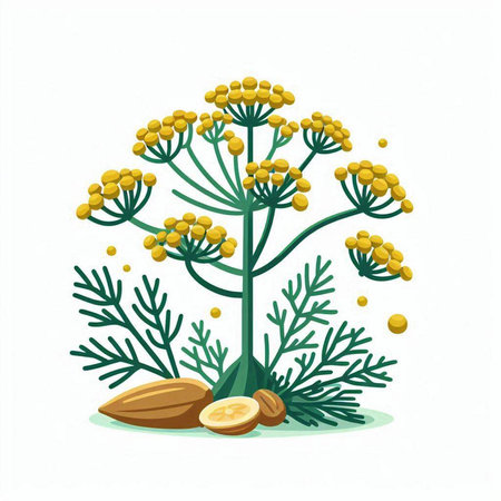 Illustration of dill plant with seeds and nuts on white backgroundのイラスト素材