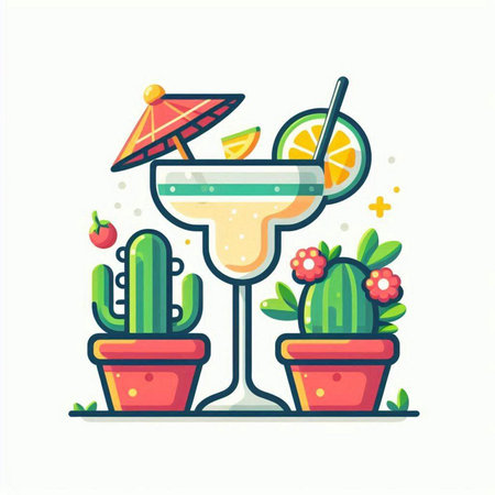 Cocktail flat color vector icon. Alcoholic beverage with lime, lemon and cactus in pots isolated cartoon illustrationのイラスト素材