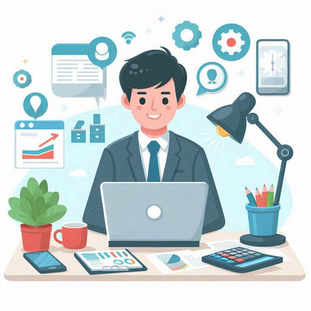 Businessman working at the office. Vector illustration in cartoon style.のイラスト素材