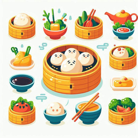 Chinese dim sum icons set in cartoon style. Vector illustration of chinese dim sum.のイラスト素材