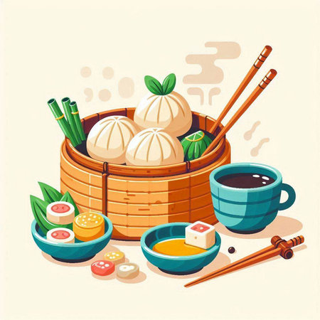 Vector illustration of Chinese steamed dumplings in a bamboo basketのイラスト素材
