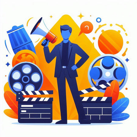 Movie and film production concept. Vector flat cartoon illustration with man holding megaphone, clapperboard, film reel, clapperboard, camera, projector, clapperboard, film reel.のイラスト素材