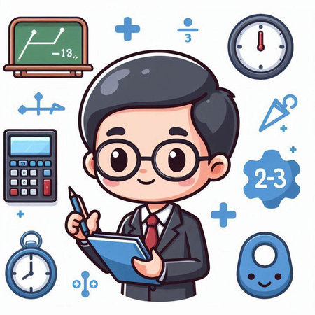 Illustration of a male teacher holding a book and a calculator.のイラスト素材