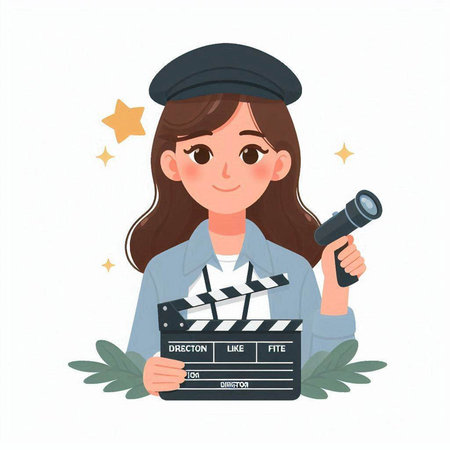 Cinema actress holding a camera and clapperboard. Vector illustration.のイラスト素材