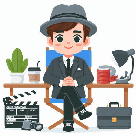 Cute cartoon detective sitting on chair and holding movie clapper.のイラスト素材