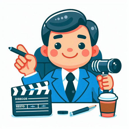 Cinema director with movie clapper and camera. Vector illustration.のイラスト素材