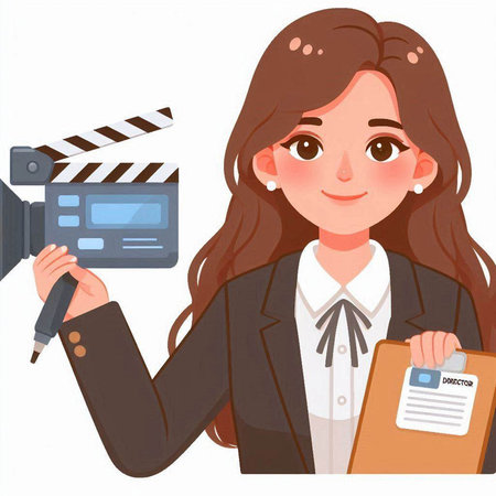 Young woman with movie clapperboard and clipboard. Vector illustration.のイラスト素材