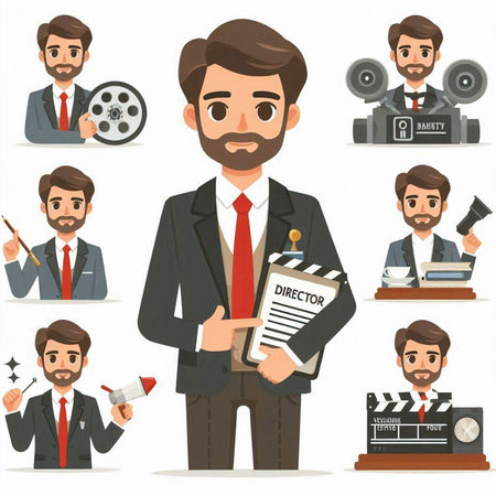 Cartoon character of a man in a business suit with a movie clapper, film reel, camera, megaphone, microphone. Vector illustrationのイラスト素材