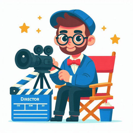 Cute cartoon boy with movie camera and clapperboard. Vector illustrationのイラスト素材