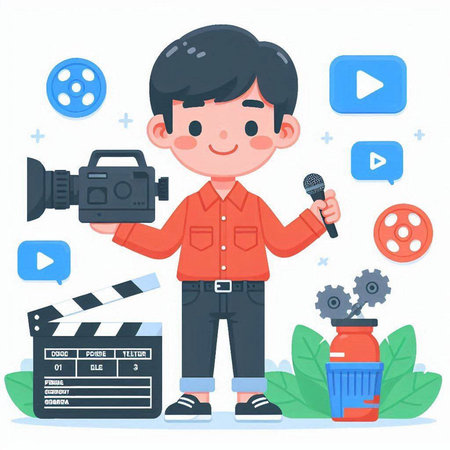 Cute boy with video camera and movie clapperboard. Vector illustrationのイラスト素材