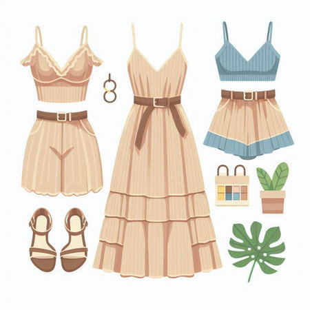 Set of women's clothes and accessories. Vector illustration in cartoon style.のイラスト素材
