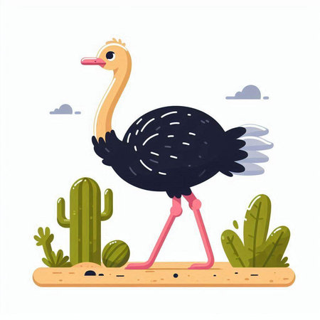 Ostrich standing on the ground. Vector illustration in cartoon style.のイラスト素材