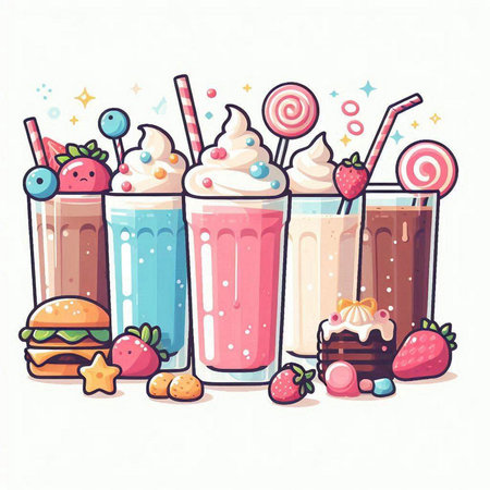 Set of milkshakes with different toppings. Vector illustration.のイラスト素材