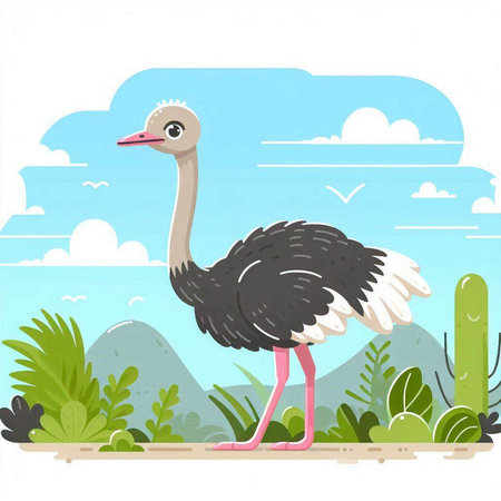 Ostrich on the background of the landscape. Vector illustration.のイラスト素材