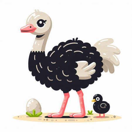 Cute cartoon ostrich with ducklings. Vector illustration isolated on white background.のイラスト素材