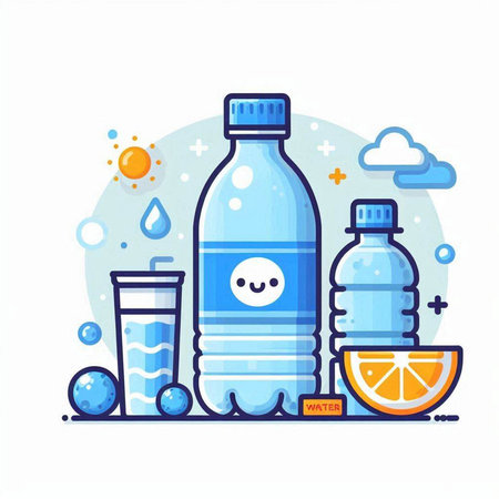 Bottle of water, glass of water, orange and bubbles. Vector illustrationのイラスト素材