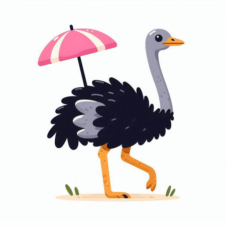 Ostrich with umbrella. Cute cartoon character. Vector illustration.のイラスト素材