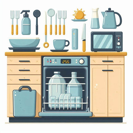 Kitchen furniture and utensils. Vector illustration in flat styleのイラスト素材